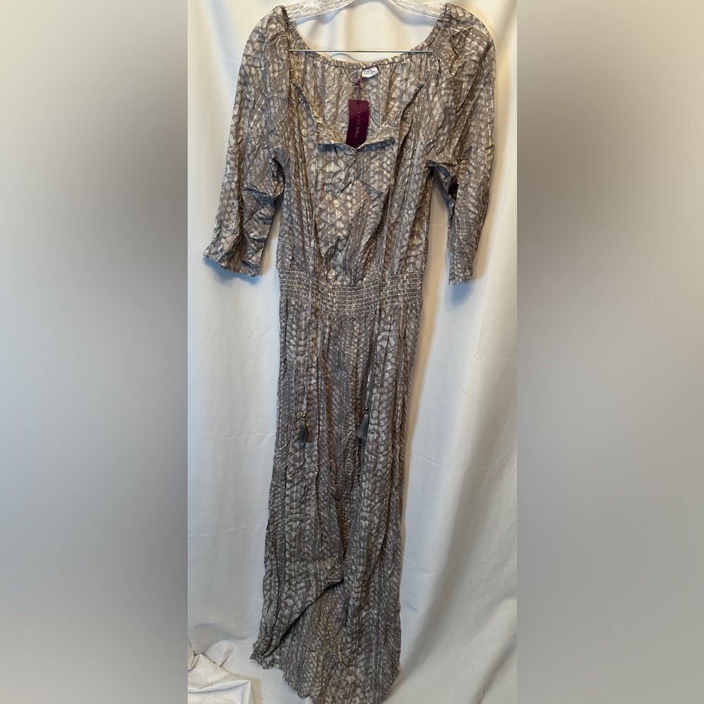 Lascana Size 4 Venus Womens Dress Gray Front Tie Maxi Scoop Neck 3/4 Sleeve Boho
